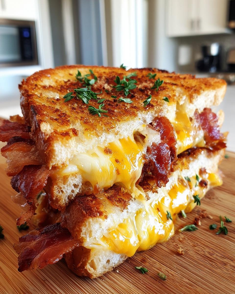 Close-up of a Bacon Grilled Cheese Sandwich cut in half, showing melted cheddar cheese and crispy bacon overflowing.