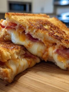 Close-up of a Bacon Grilled Cheese Sandwich cut in half, showing gooey melted cheese and crispy bacon inside.