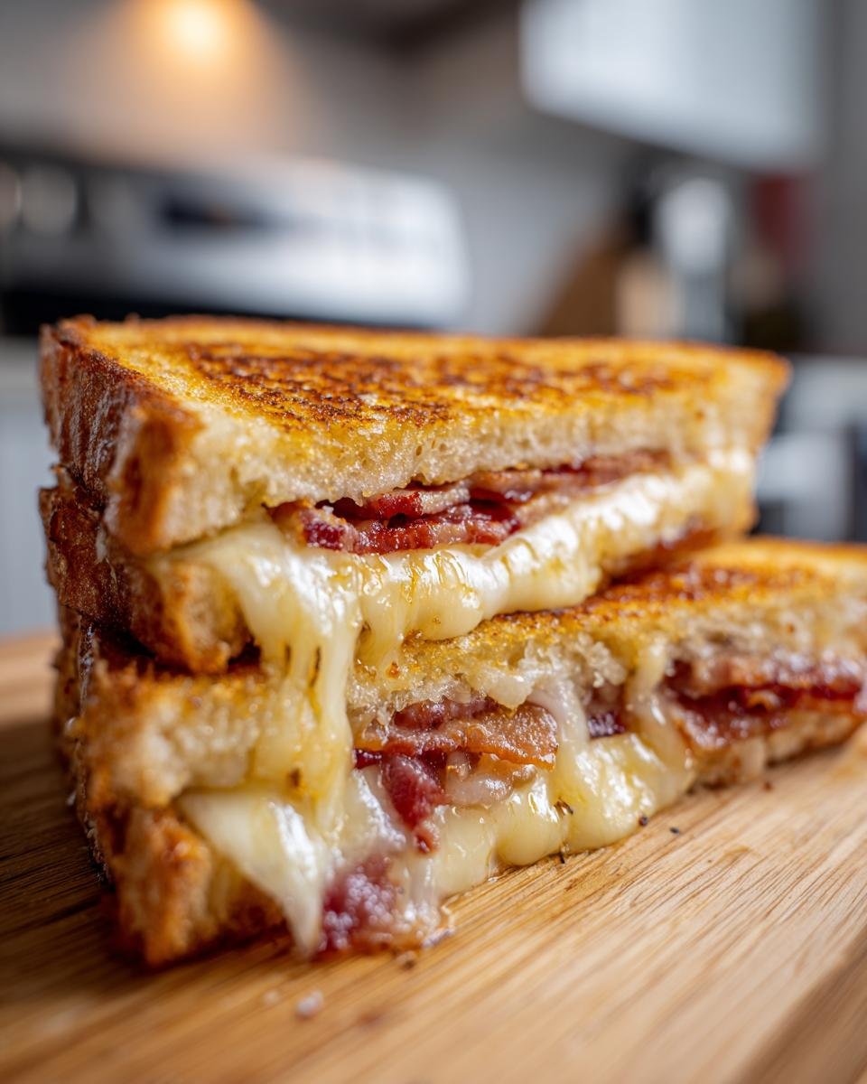 Close-up of a Bacon Grilled Cheese Sandwich cut in half, showing melted cheese oozing out with crispy bacon.