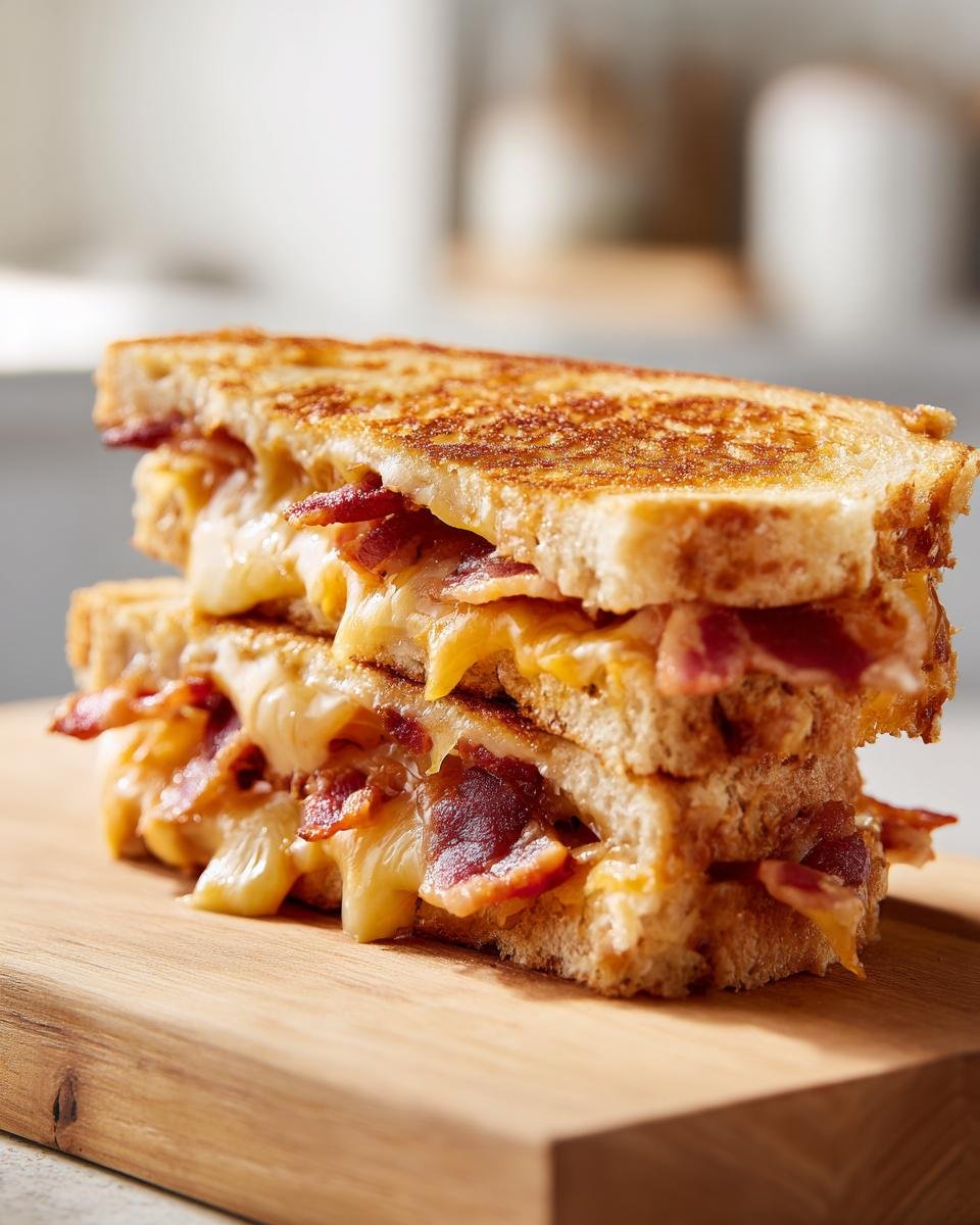 Close-up of a Bacon Grilled Cheese Sandwich stacked on a wooden board, featuring gooey melted cheese and crispy bacon.
