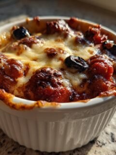 Close-up of a bubbling, baked Pizza Bowl topped with melted cheese and black olives in a white ramekin.