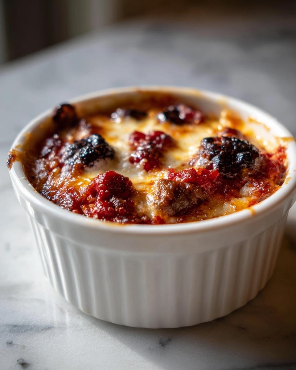 Close-up of a baked Pizza Bowl in a white ramekin, topped with melted, bubbly cheese and rich tomato sauce.