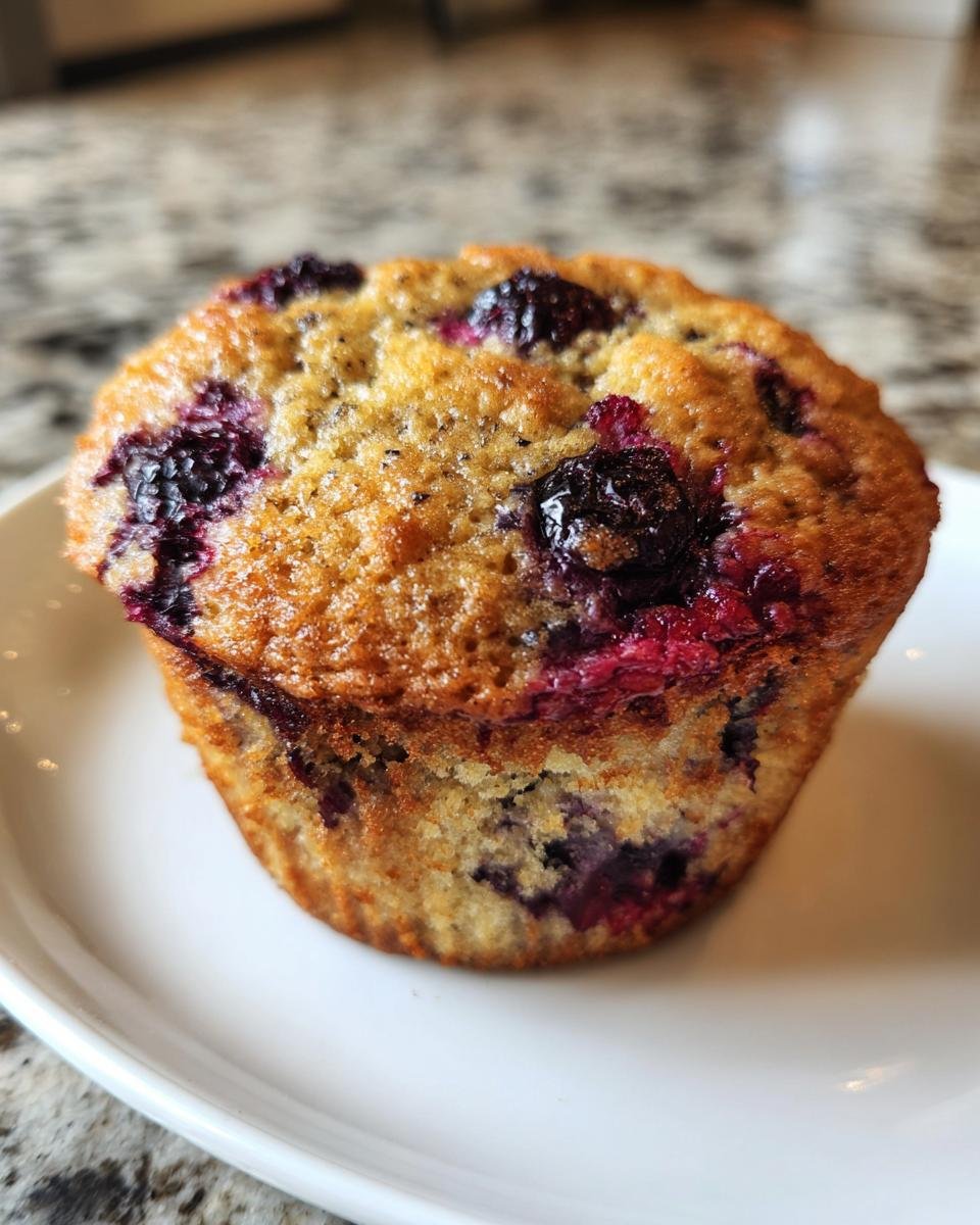 Close-up of a perfectly baked Banana Blueberry Muffin with a golden top and visible berries.