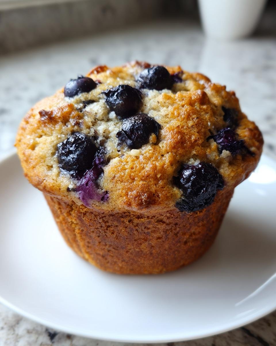 A perfectly baked Banana Blueberry Muffin with a golden-brown top studded with dark blueberries, resting on a white plate.
