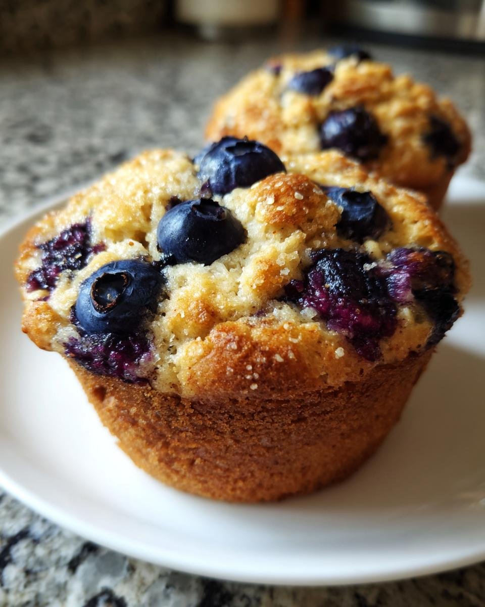 Close-up of a golden-brown Banana Blueberry Muffin topped with fresh blueberries and a sugary crumb topping.
