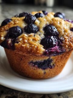 A single, golden-brown Banana Blueberry Muffins, topped with whole blueberries and coarse sugar, resting on a small white plate.