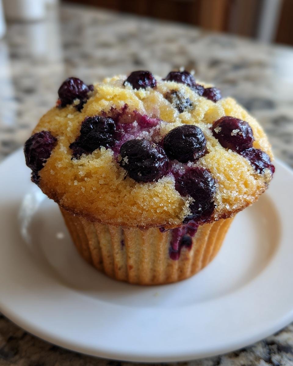A close-up of a single, golden Banana Blueberry Muffins, topped with fresh blueberries and coarse sugar.