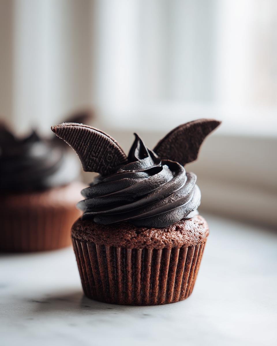 A close-up of a rich chocolate Bat Cupcake topped with dark black frosting and cookie wings.