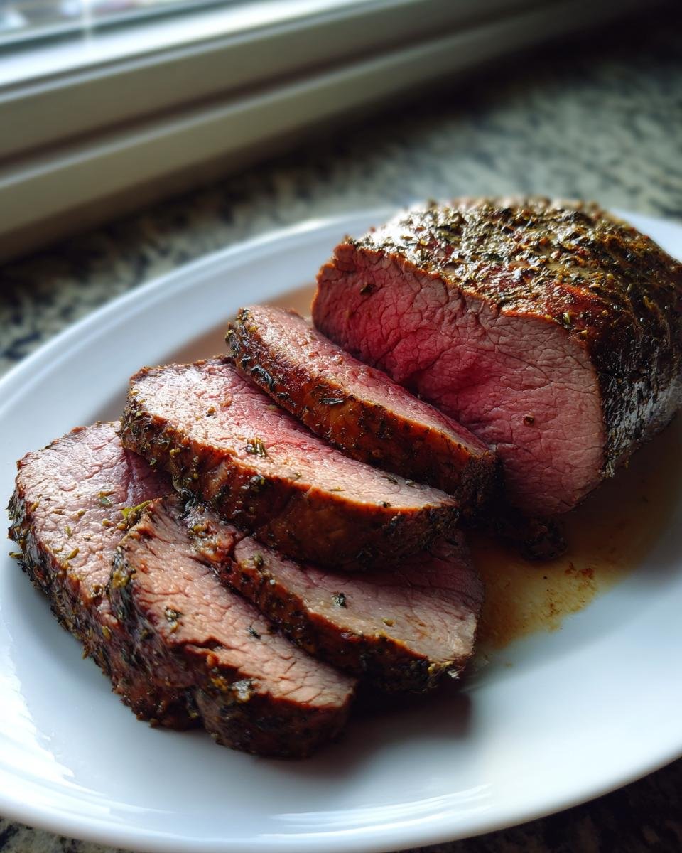 Close-up of a sliced Beef Tenderloin Roast, perfectly medium-rare with a herb crust, resting on a white platter.
