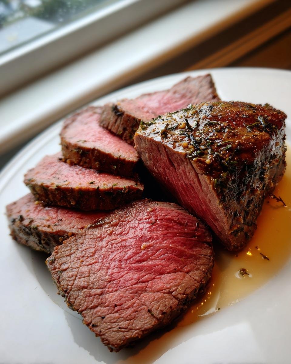 Close-up of medium-rare Beef Tenderloin Roast, sliced and seasoned with herbs.