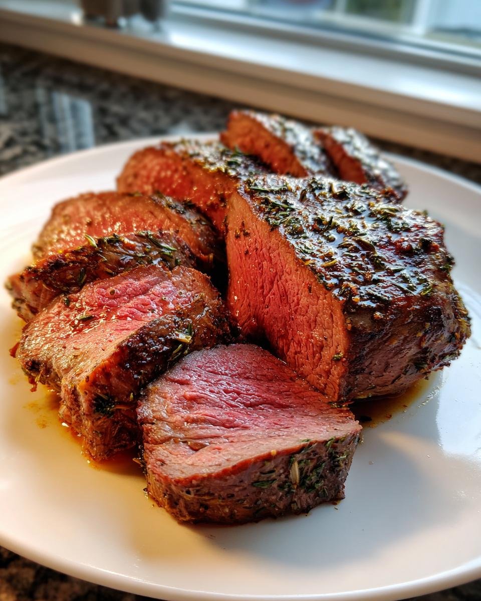 Close-up of medium-rare slices of herb-crusted Beef Tenderloin Roast resting on a white plate.