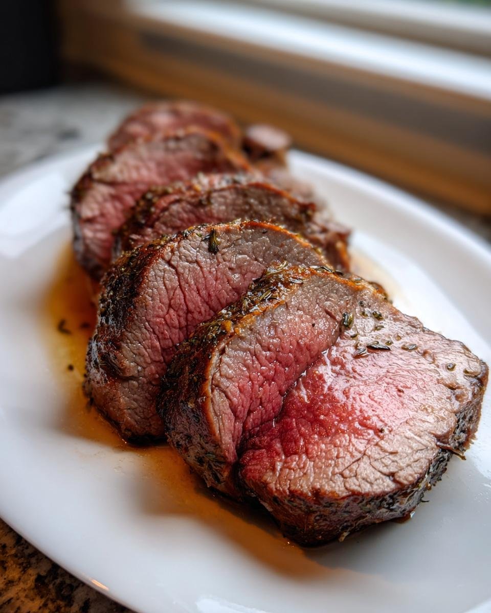 Close-up of four medium-rare slices of seasoned Beef Tenderloin Roast resting on a white platter.