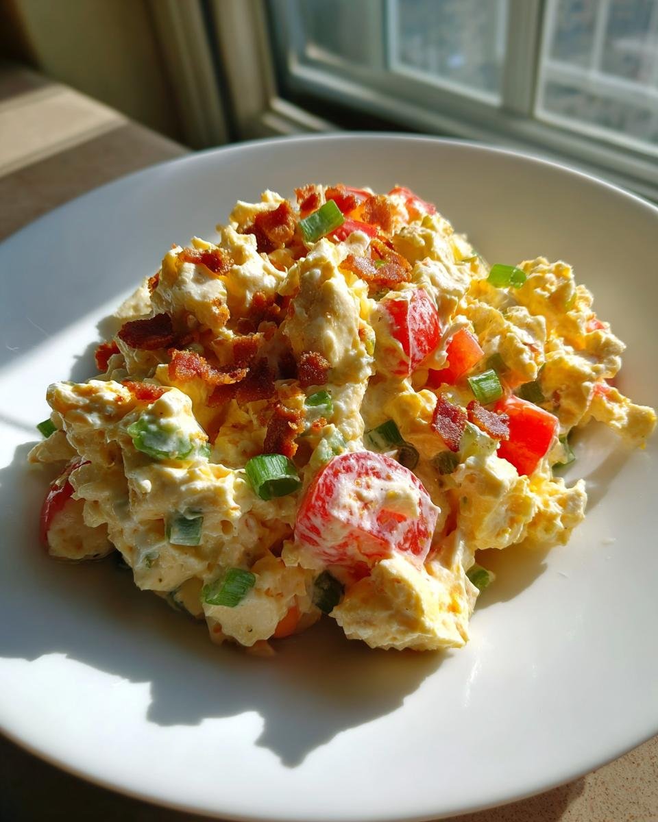 A serving of creamy BLT Chicken Salad topped with crumbled bacon and green onions on a white plate.