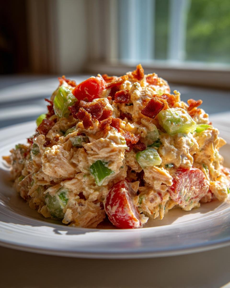 A generous scoop of creamy BLT Chicken Salad topped with crispy bacon bits and cherry tomato halves.