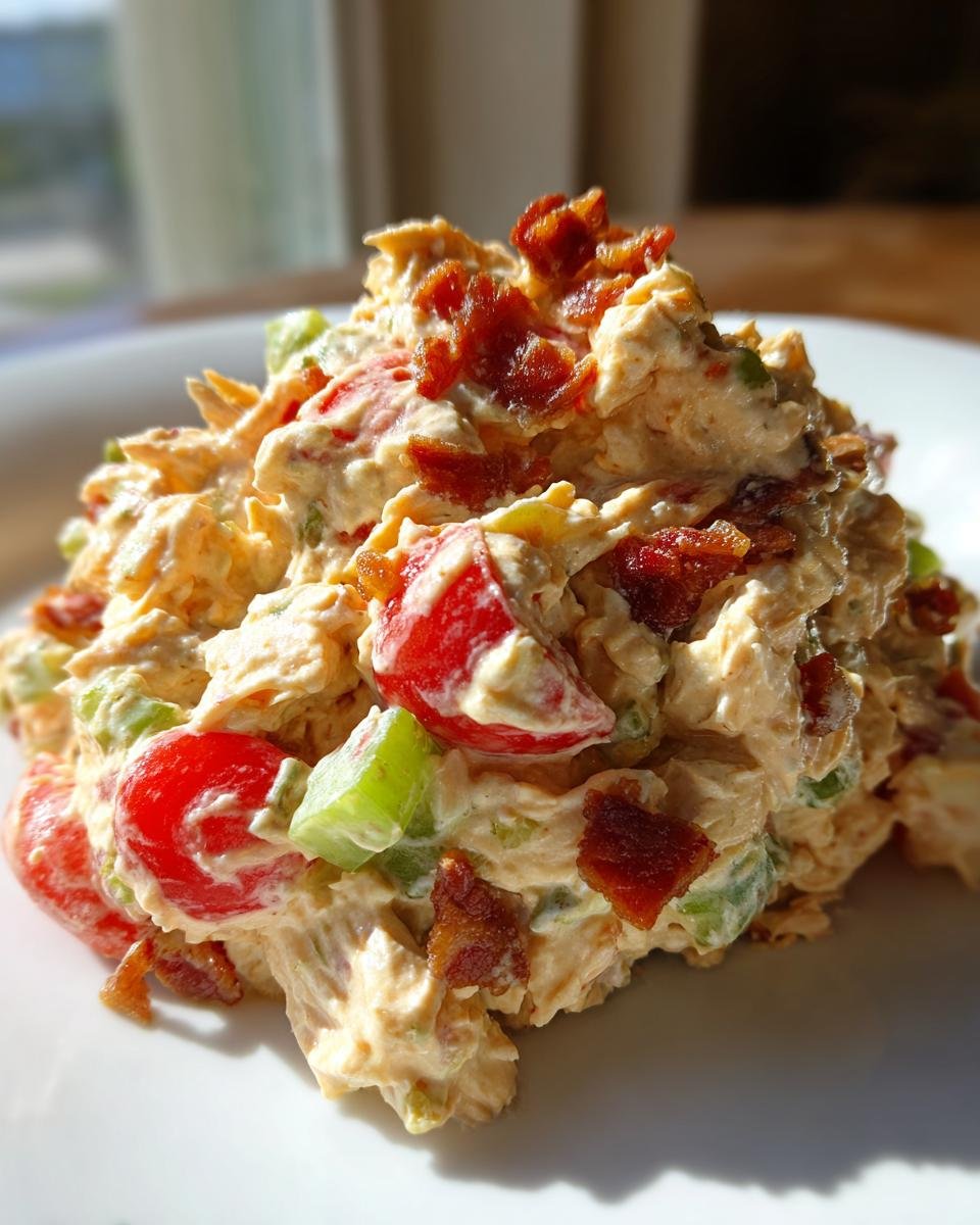 A scoop of creamy BLT Chicken Salad featuring chunks of tomato, celery, and crispy bacon bits, served on a white plate.