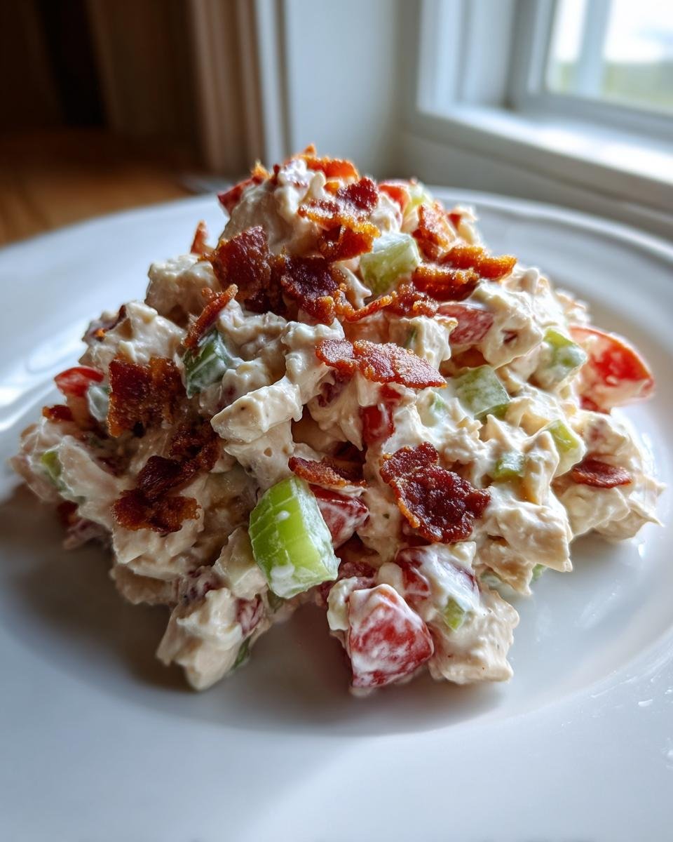 A mound of creamy BLT Chicken Salad featuring chicken, tomatoes, celery, and topped with crispy bacon pieces.