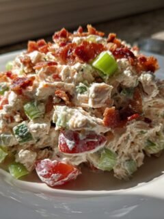 A mound of creamy BLT Chicken Salad featuring chunks of chicken, celery, tomato, and topped generously with crispy bacon bits.