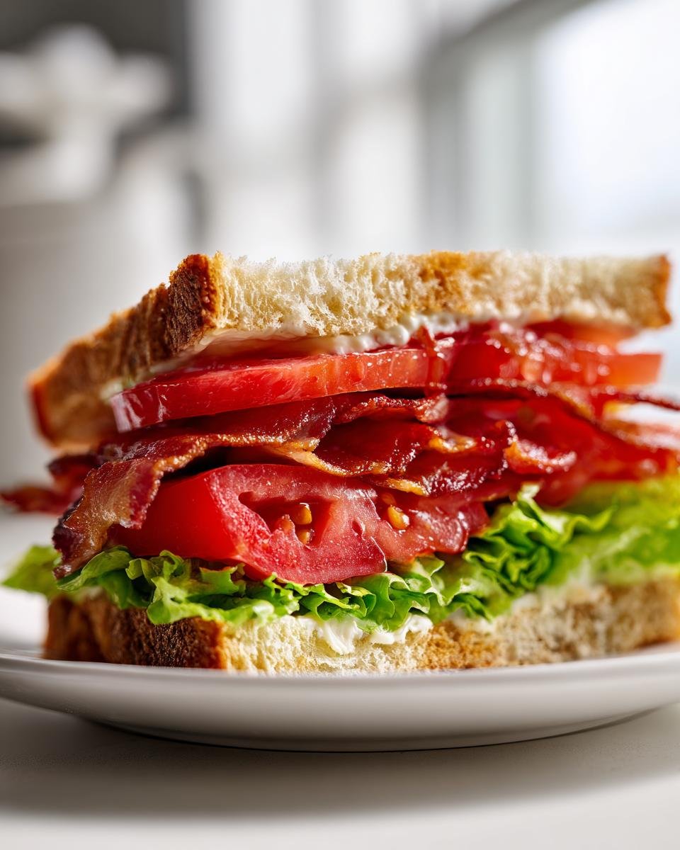 A close-up view of a delicious BLT Sandwich stacked high with crisp bacon, ripe tomatoes, and fresh lettuce on toasted bread.