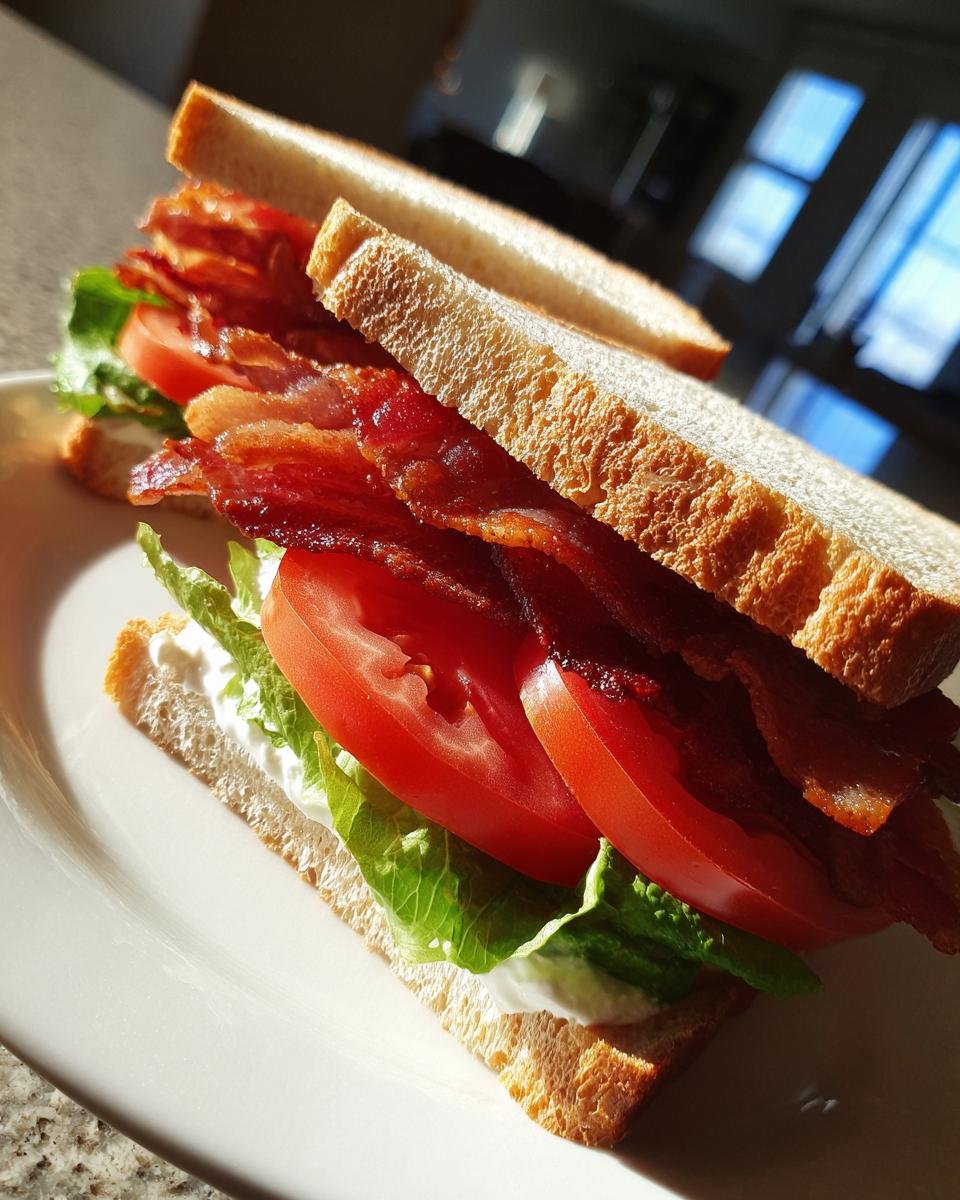 Close-up of a delicious BLT Sandwich featuring crispy bacon, thick tomato slices, lettuce, and mayo on toasted white bread.