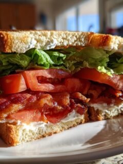 A thick, delicious BLT Sandwich featuring crispy bacon, ripe tomatoes, lettuce, and mayo on toasted bread.
