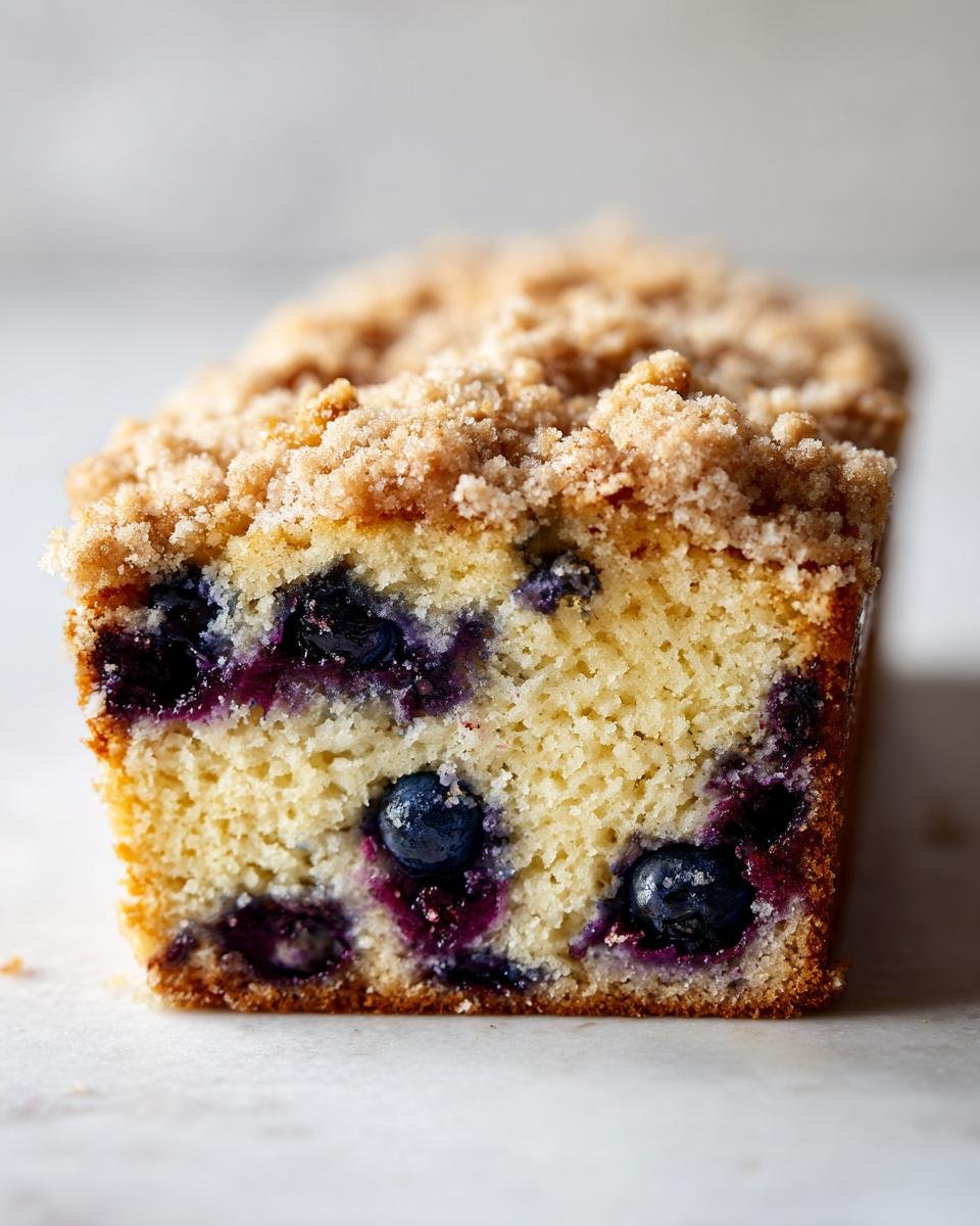 Close-up of a slice of moist Blueberry Coffee Cake showing plump blueberries and a crumbly streusel topping.