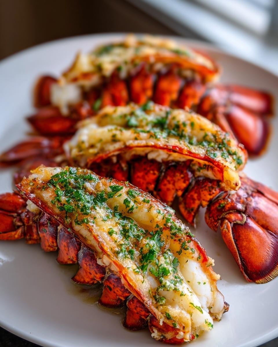 Close-up of three succulent Broiled Lobster tails split open and topped with melted butter and fresh parsley.