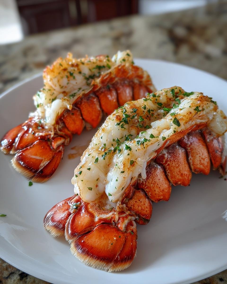 Two succulent Broiled Lobster tails, split and garnished with melted butter and fresh parsley, served on a white plate.