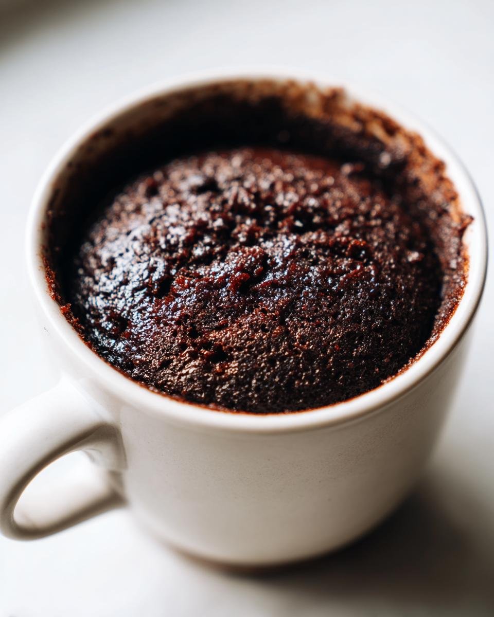 A close-up, overhead shot of a rich, dark chocolate Brownie In A Mug, freshly cooked and slightly moist.