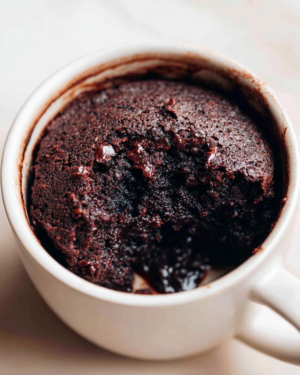 Close-up of a rich, dark chocolate Brownie In A Mug with a gooey center.