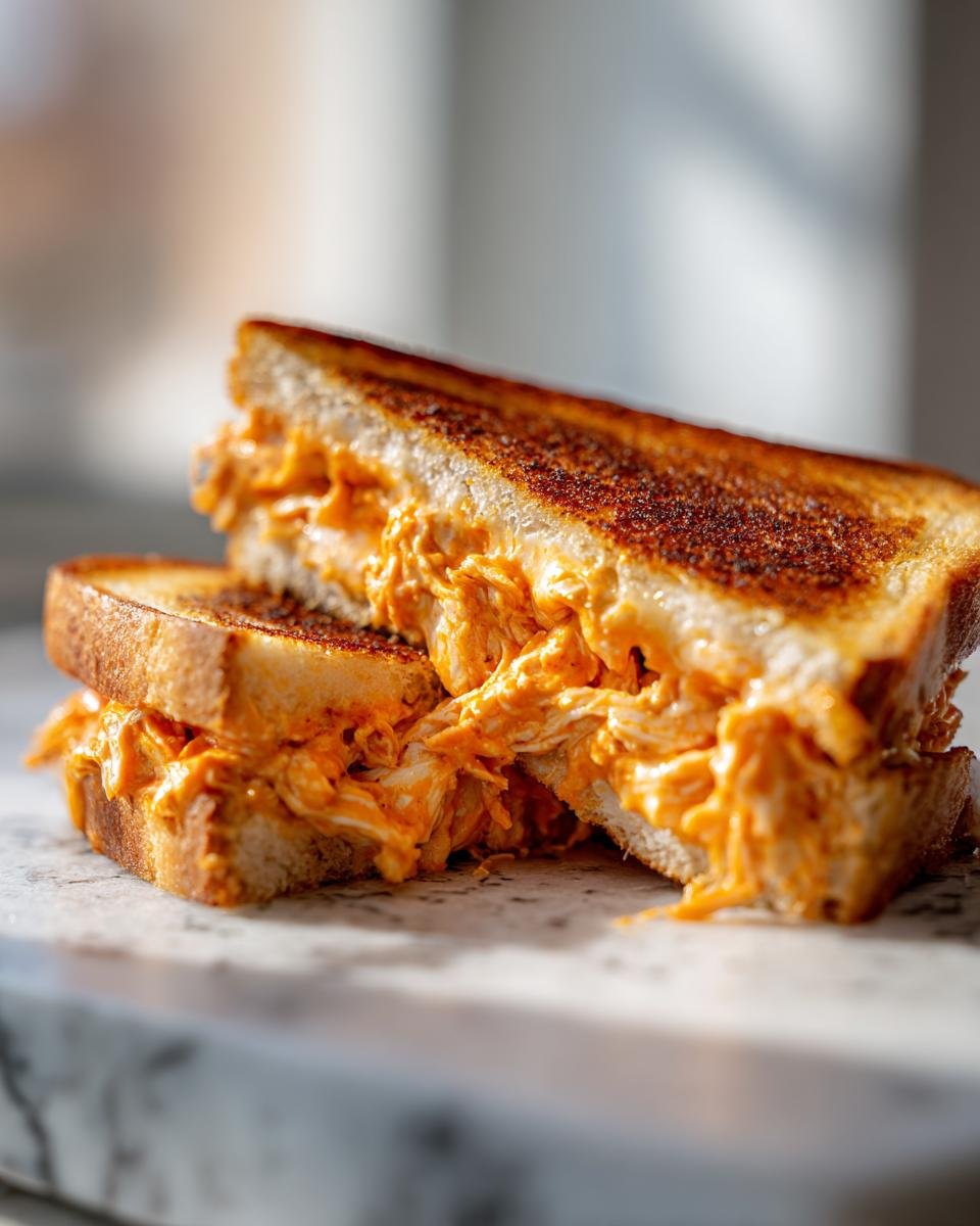Close-up of a Buffalo Chicken Grilled Cheese Sandwich cut in half, showing gooey orange filling.