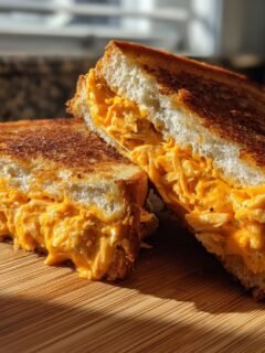 Two halves of a golden-brown Buffalo Chicken Grilled Cheese Sandwich showing a thick, gooey orange filling.