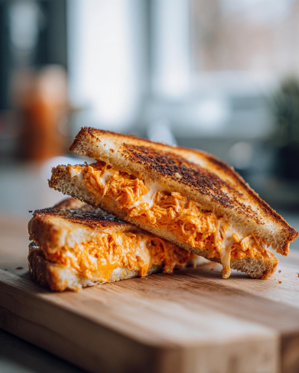 Two halves of a Buffalo Chicken Grilled Cheese Sandwich stacked on a wooden board, showing melted cheese and orange buffalo chicken filling.