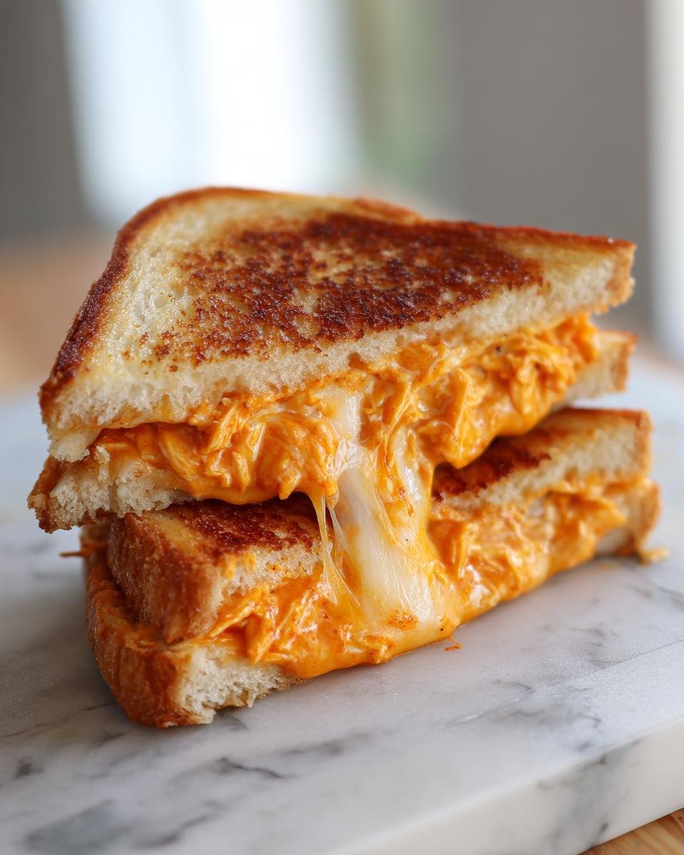 A close-up of a Buffalo Chicken Grilled Cheese Sandwich cut in half, showing gooey melted cheese and orange buffalo chicken filling.