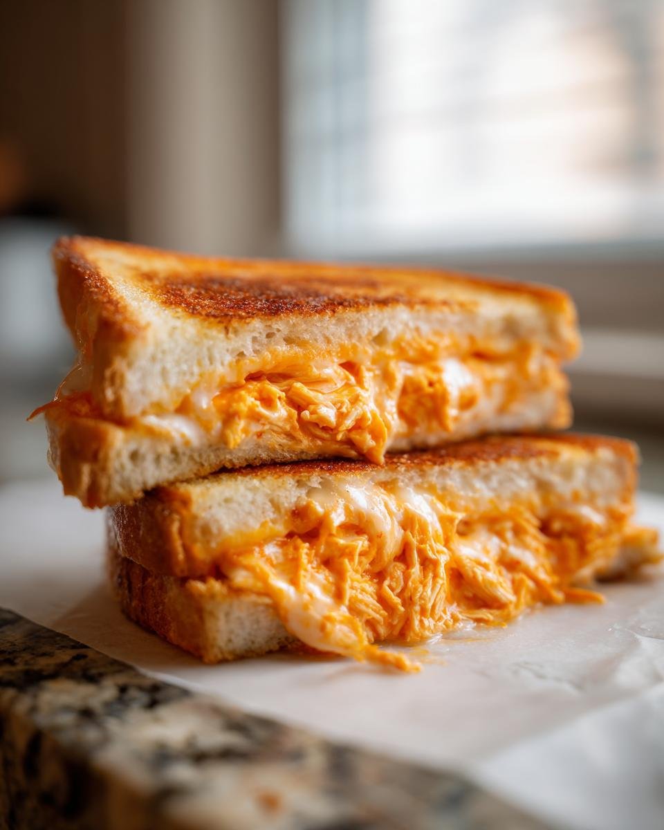 Two halves of a Buffalo Chicken Grilled Cheese Sandwich stacked, showing melted cheese and shredded orange buffalo chicken filling.