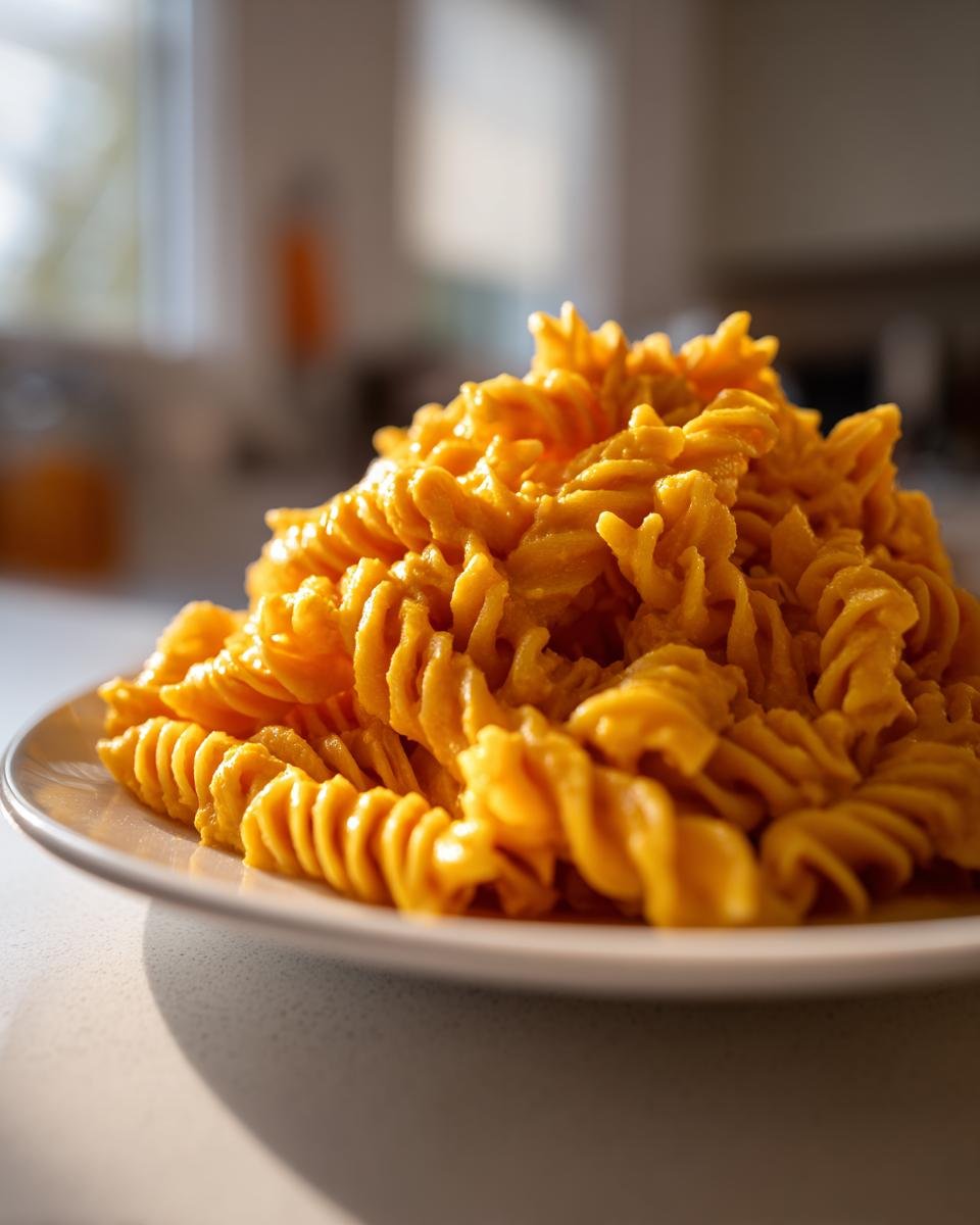 A close-up of fusilli pasta coated in a vibrant orange Butternut Squash Pasta sauce on a white plate.
