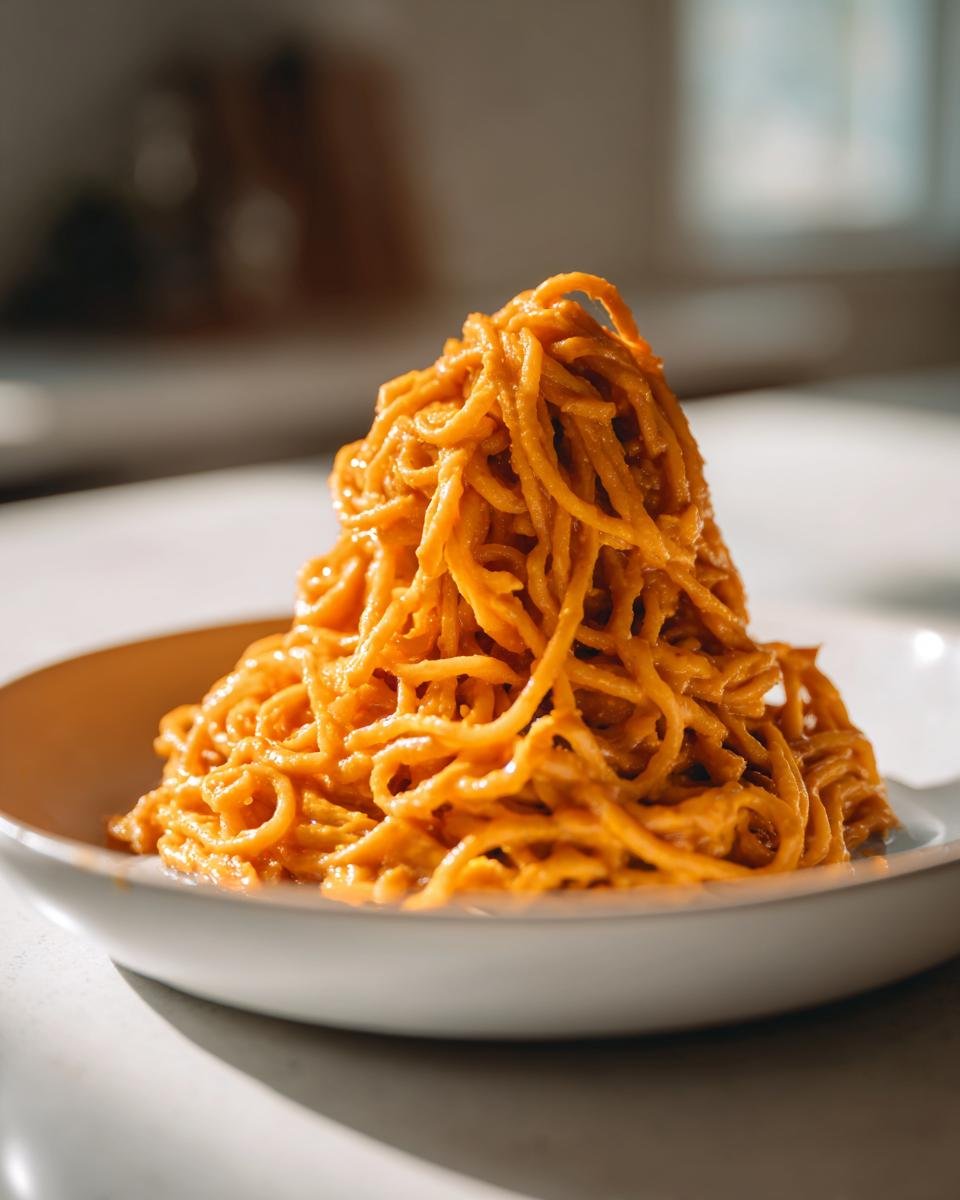 A tall mound of spaghetti coated in vibrant orange Butternut Squash Pasta sauce served in a shallow white bowl.
