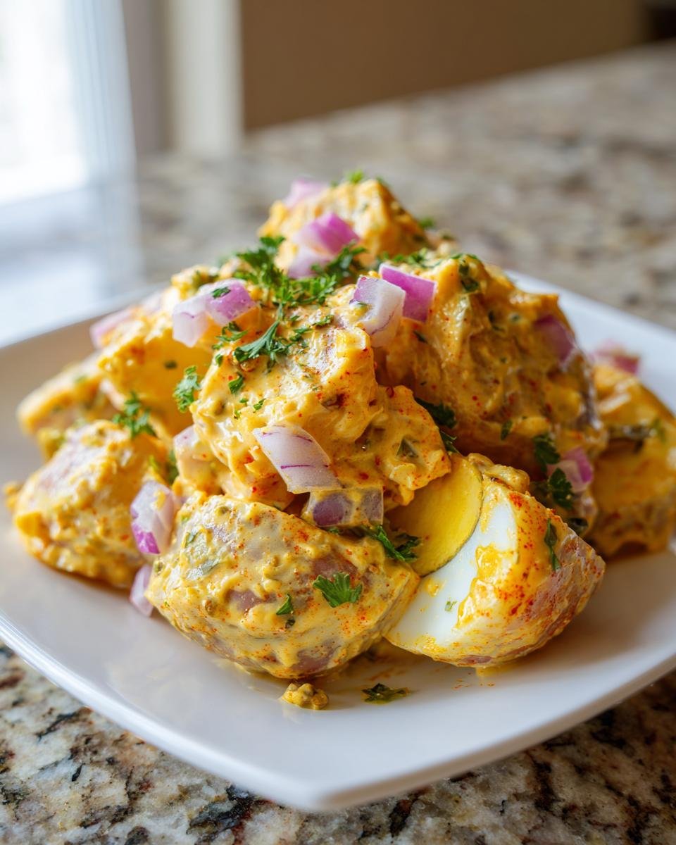 A close-up shot of creamy Cajun Potato Salad chunks mixed with hard-boiled egg wedges, topped with red onion and parsley.