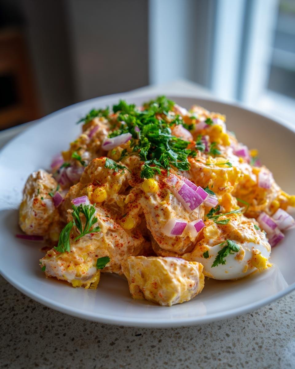 A close-up of creamy Cajun Potato Salad, featuring chunks of potato, corn, red onion, and fresh parsley garnish.