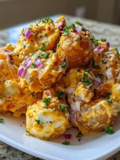 A mound of creamy Cajun Potato Salad featuring whole small potatoes coated in a rich orange dressing, mixed with diced red onion and topped with parsley.