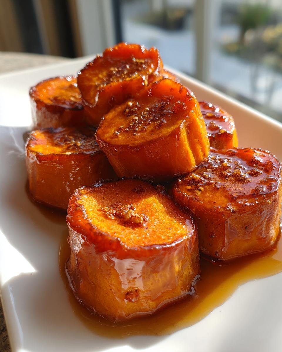 Close-up of thick-cut Candied Sweet Potatoes coated in a rich, shiny brown sugar glaze.