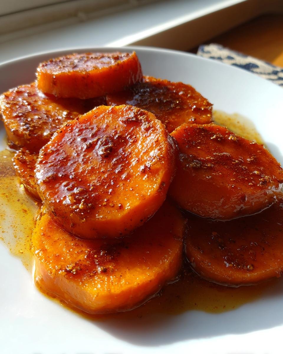 Close-up of thick, glossy slices of Candied Sweet Potatoes covered in a rich, spiced syrup on a white plate.