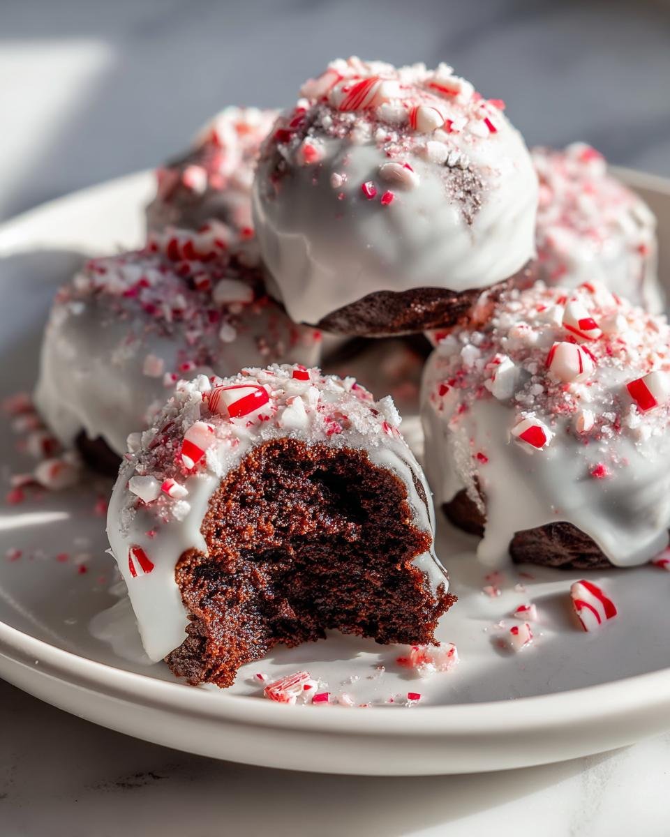 A close-up of rich chocolate Candy Cane Brownie Bombs dipped in white chocolate and topped with crushed candy canes.