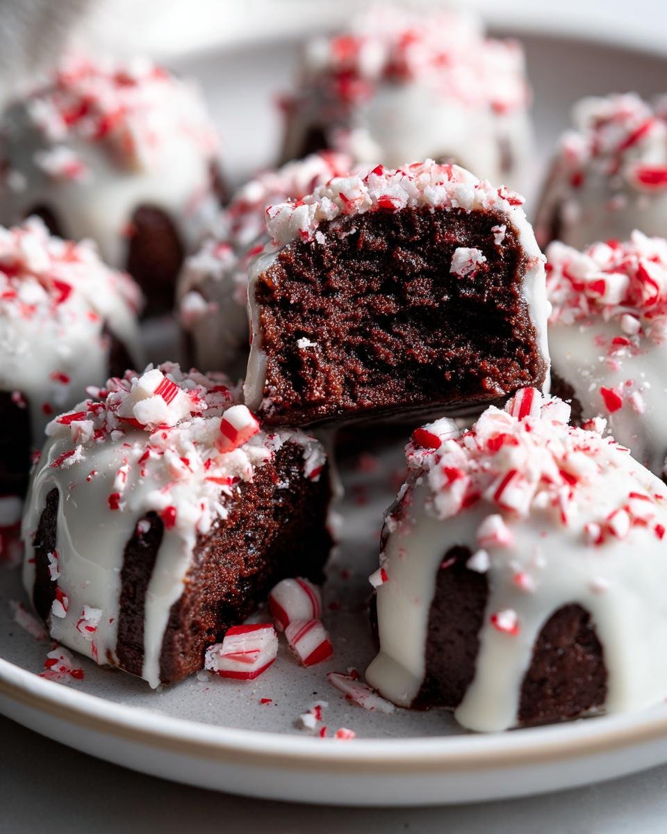 Close-up of Candy Cane Brownie Bombs, showing a rich, dark interior texture, dipped in white chocolate and topped with crushed candy canes.