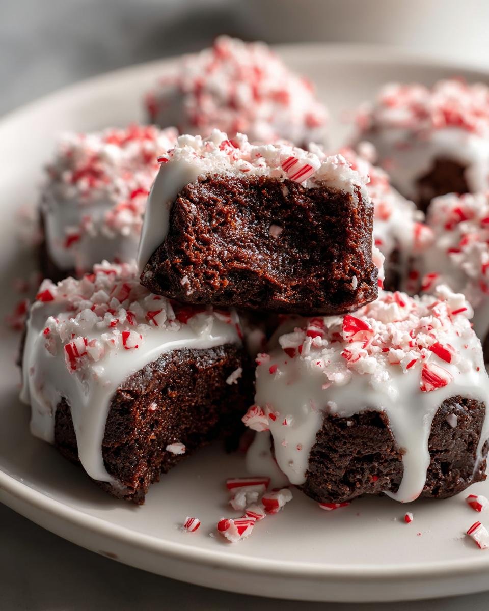 Close-up stack of fudgy Candy Cane Brownie Bombs topped with white vanilla glaze and crushed peppermint candy.