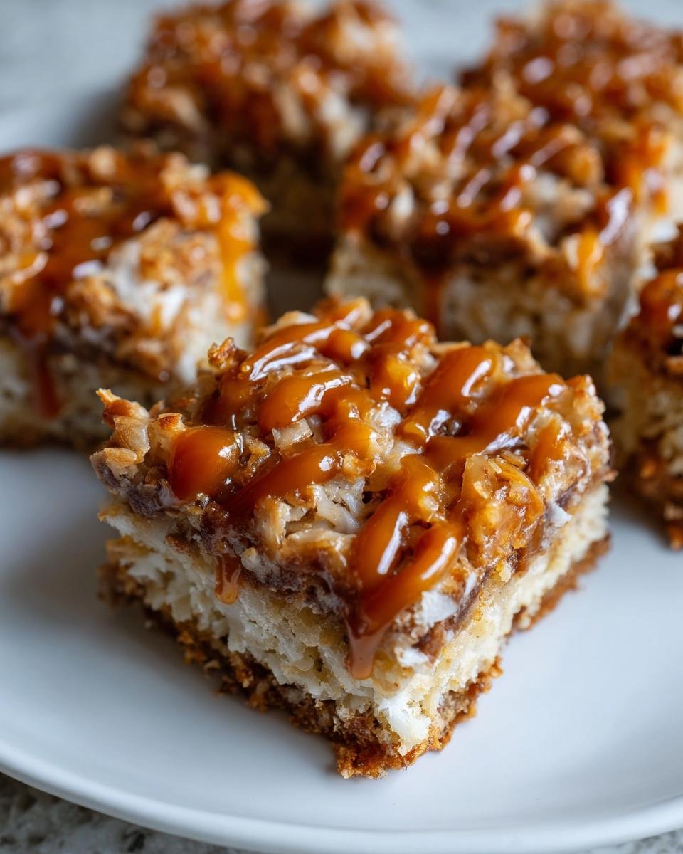 A close-up of a square portion of Caramel Coconut Bars, topped with toasted coconut and a generous caramel drizzle.