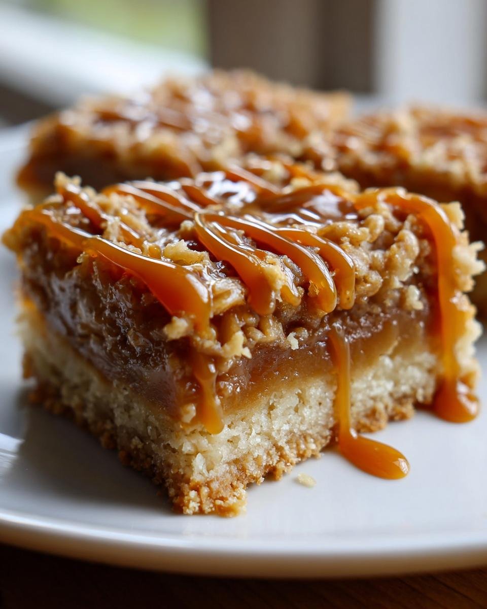 A close-up of a square Caramel Coconut Bars slice featuring a thick base, chewy filling, and a generous caramel drizzle.