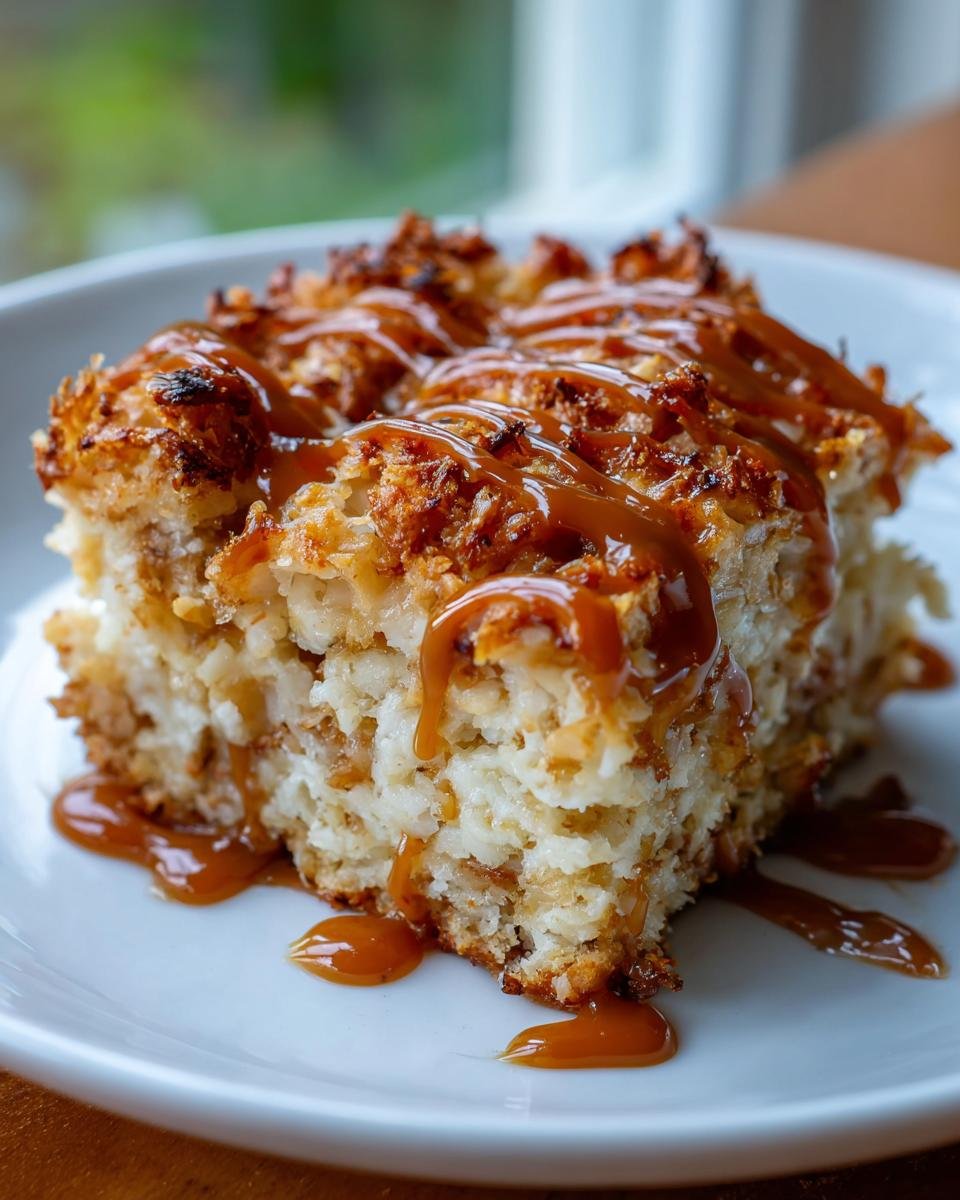 A square serving of rich Caramel Coconut Bars, topped generously with drizzles of thick caramel sauce.