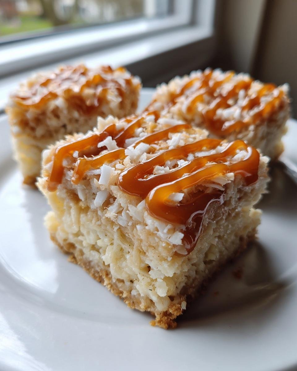 Three squares of rich Caramel Coconut Bars topped with shredded coconut and a thick caramel drizzle.