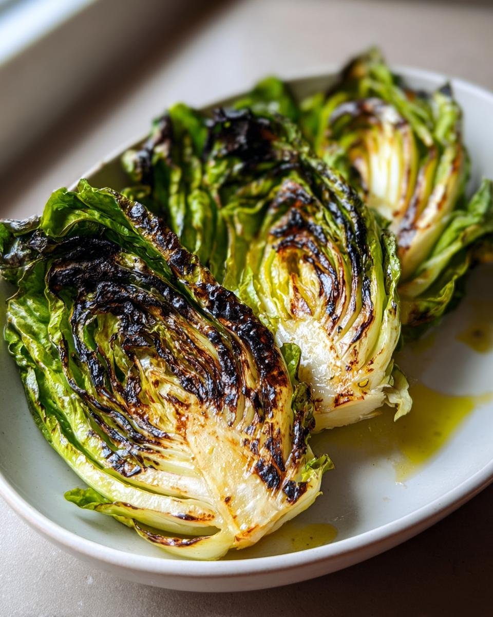 Close-up of three halves of charred cabbage, showing dark grill marks and glistening oil.