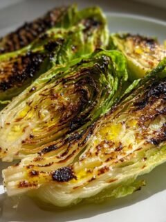 Four halves of charred cabbage showing dark grill marks and glistening oil, served on a white plate.